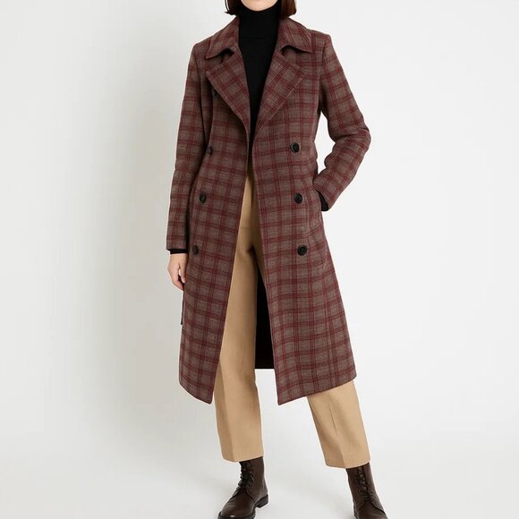 Anthropologie Plaid Wool Trench Jacket Pea Coat Preppy Fall Winter Quiet Luxury - Picture 9 of 9